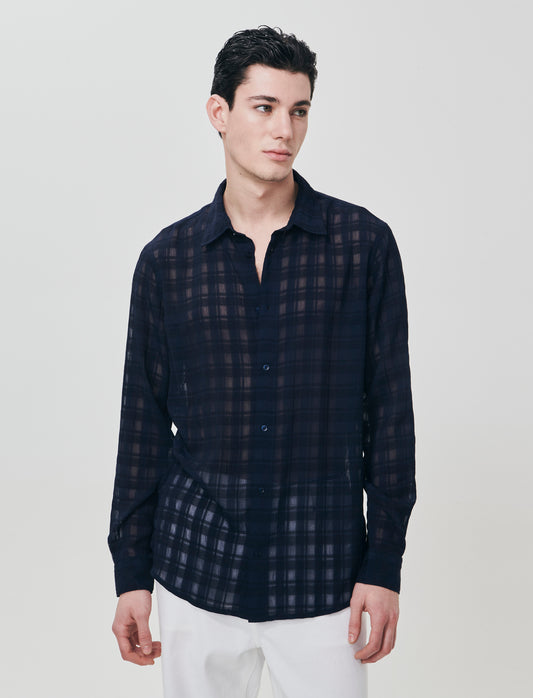 Camicia Goffrata a Quadri Regular Fit - Blu