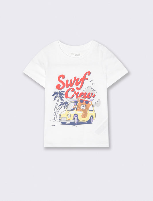 T-shirt girocollo con stampa e bottoni - Bianco