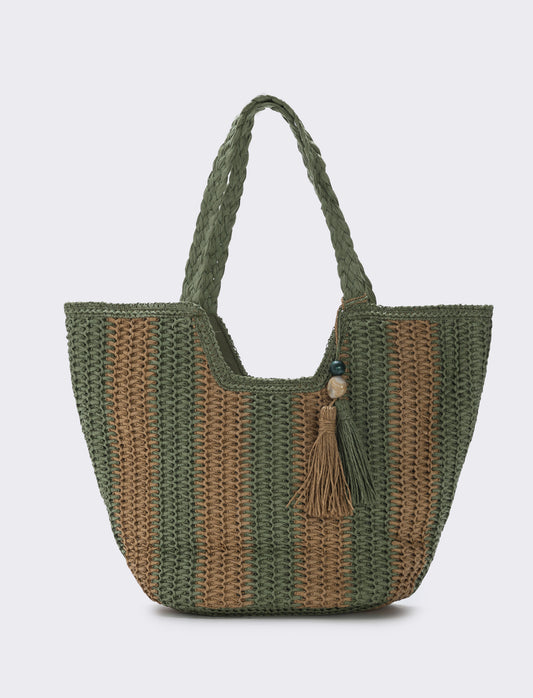 Borsa shopper in paglia a righe - Verde