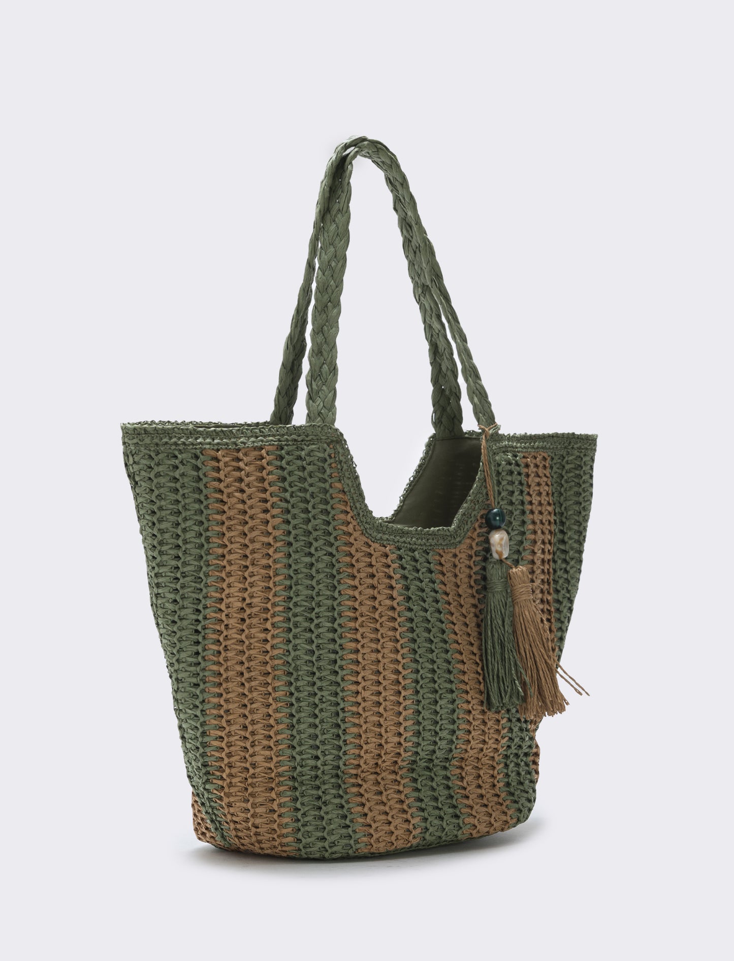 Borsa shopper in paglia a righe - Verde