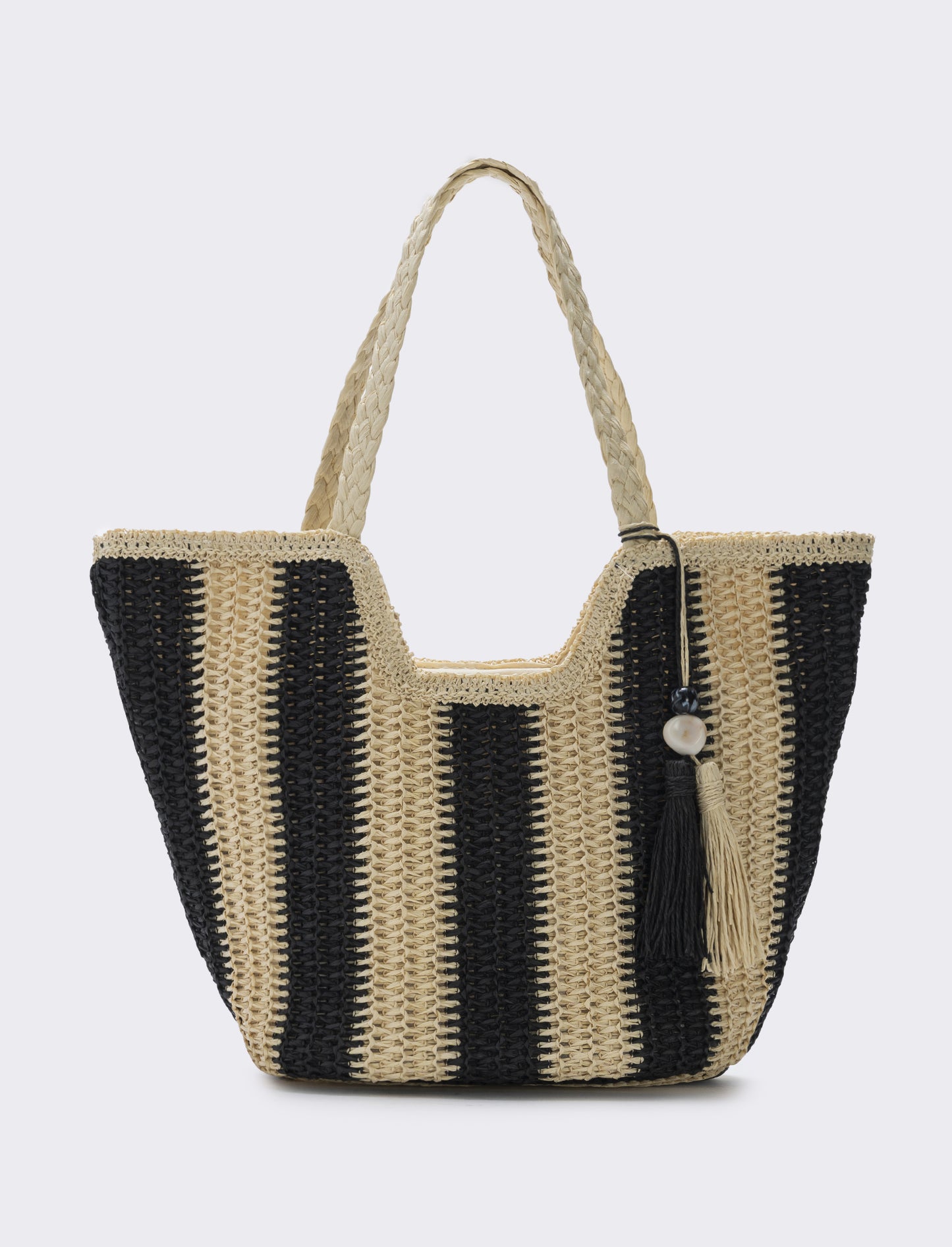 Borsa shopper in paglia a righe - Nero
