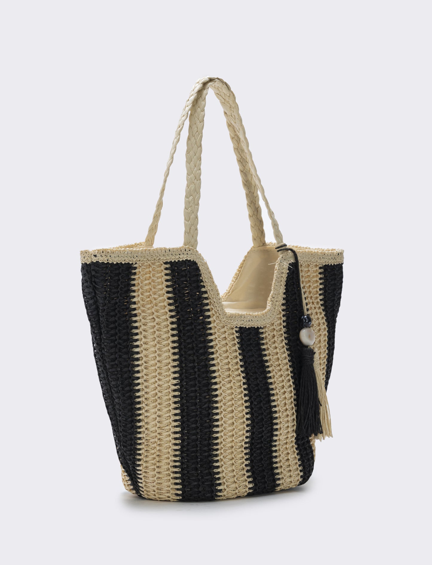 Borsa shopper in paglia a righe - Nero