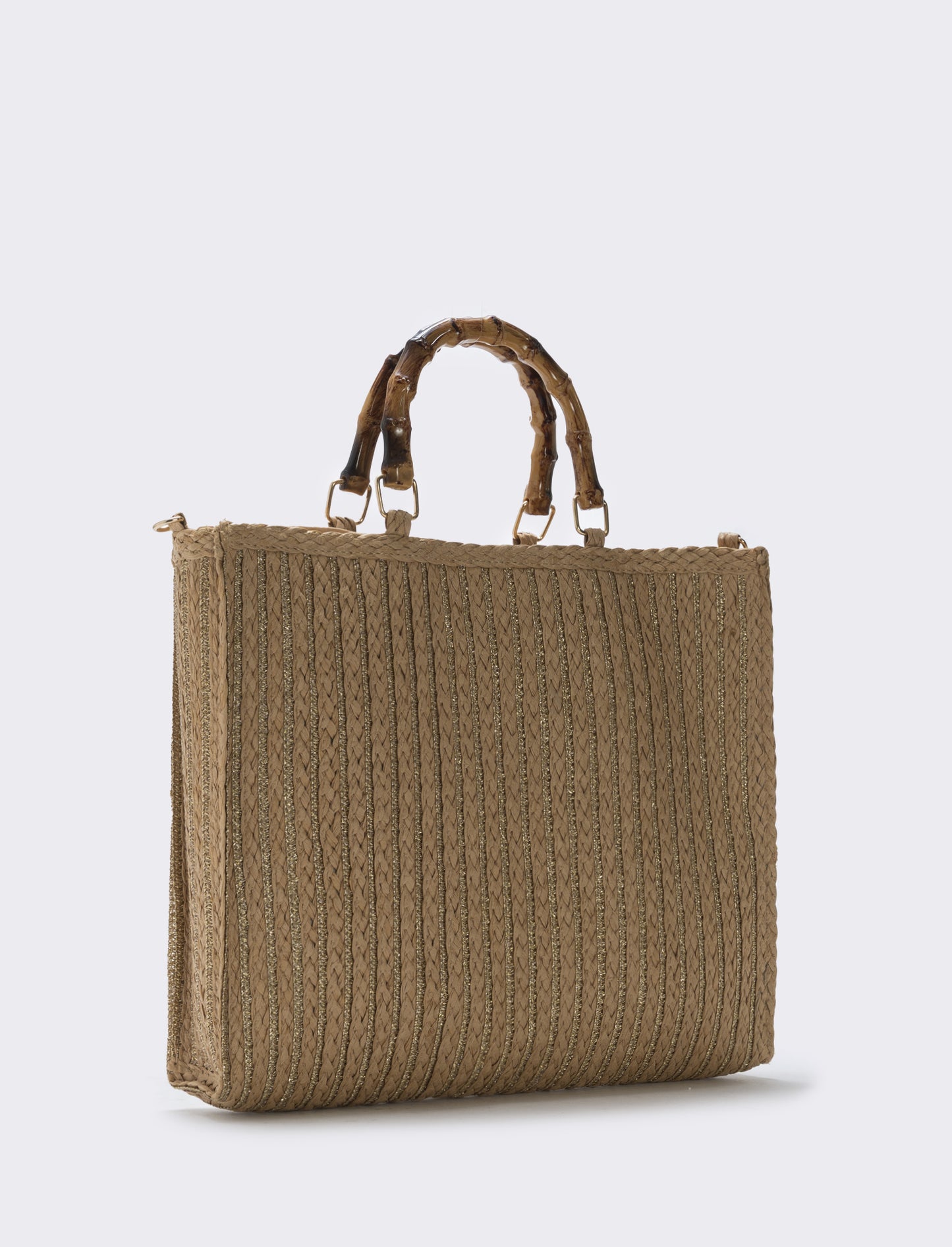 Borse in paglia lurex con manico bamboo - Bianco natural