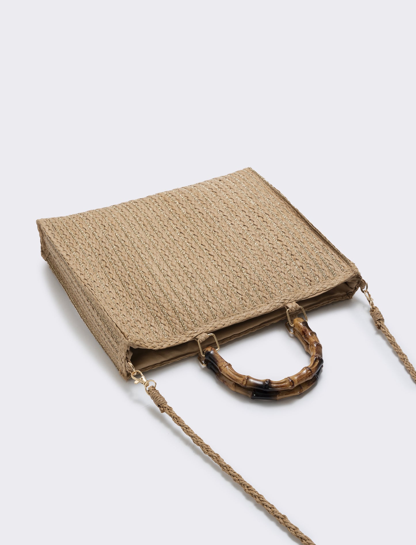 Borse in paglia lurex con manico bamboo - Bianco natural