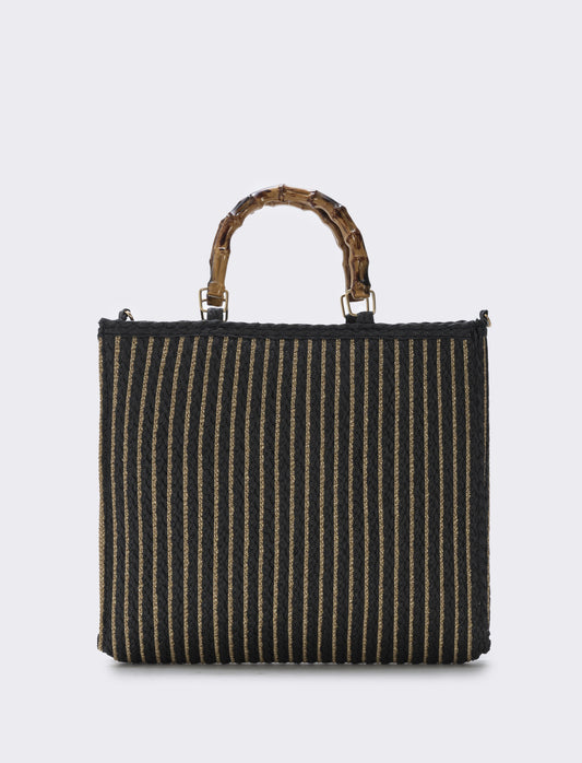 Borse in paglia lurex con manico bamboo - Nero