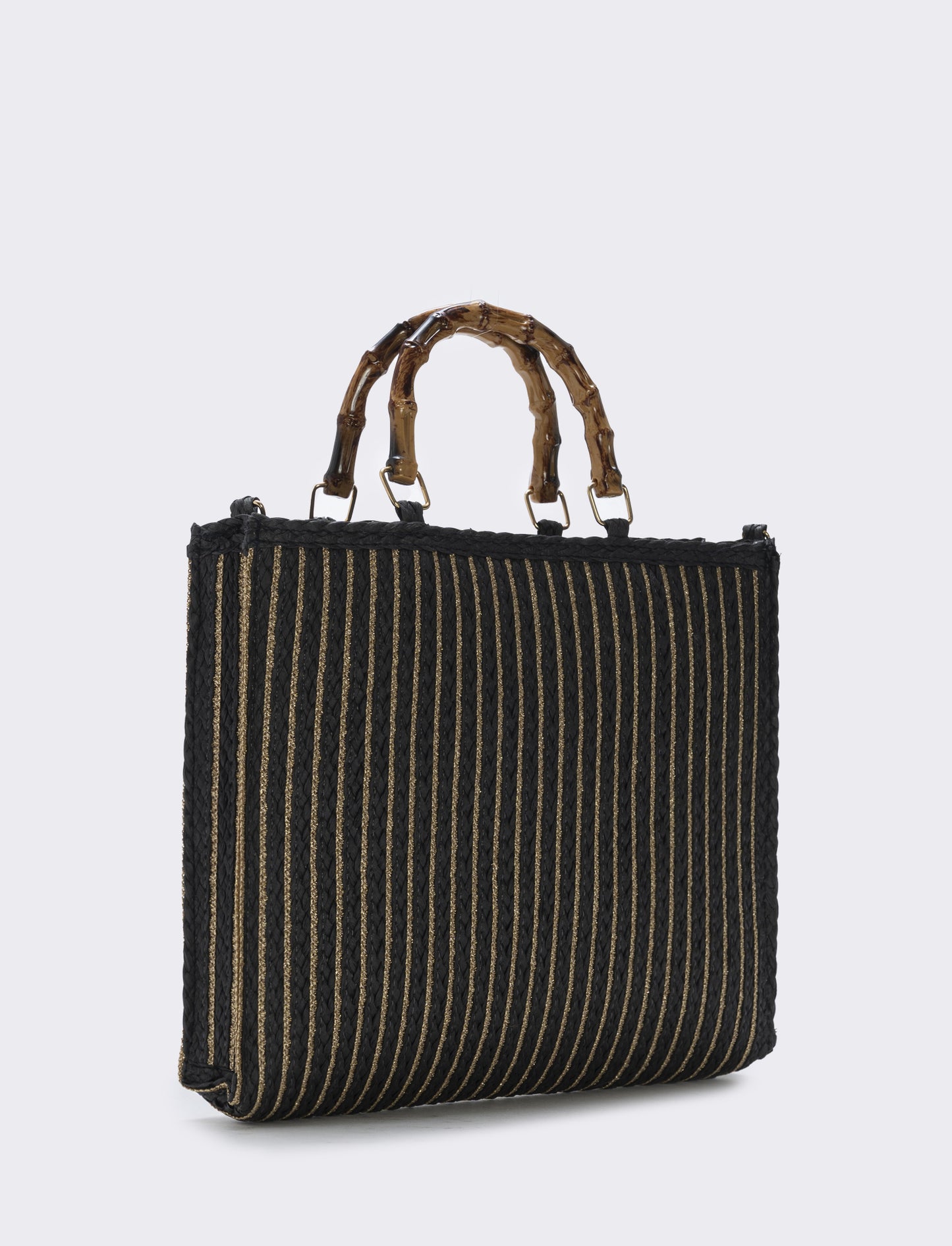 Borse in paglia lurex con manico bamboo - Nero