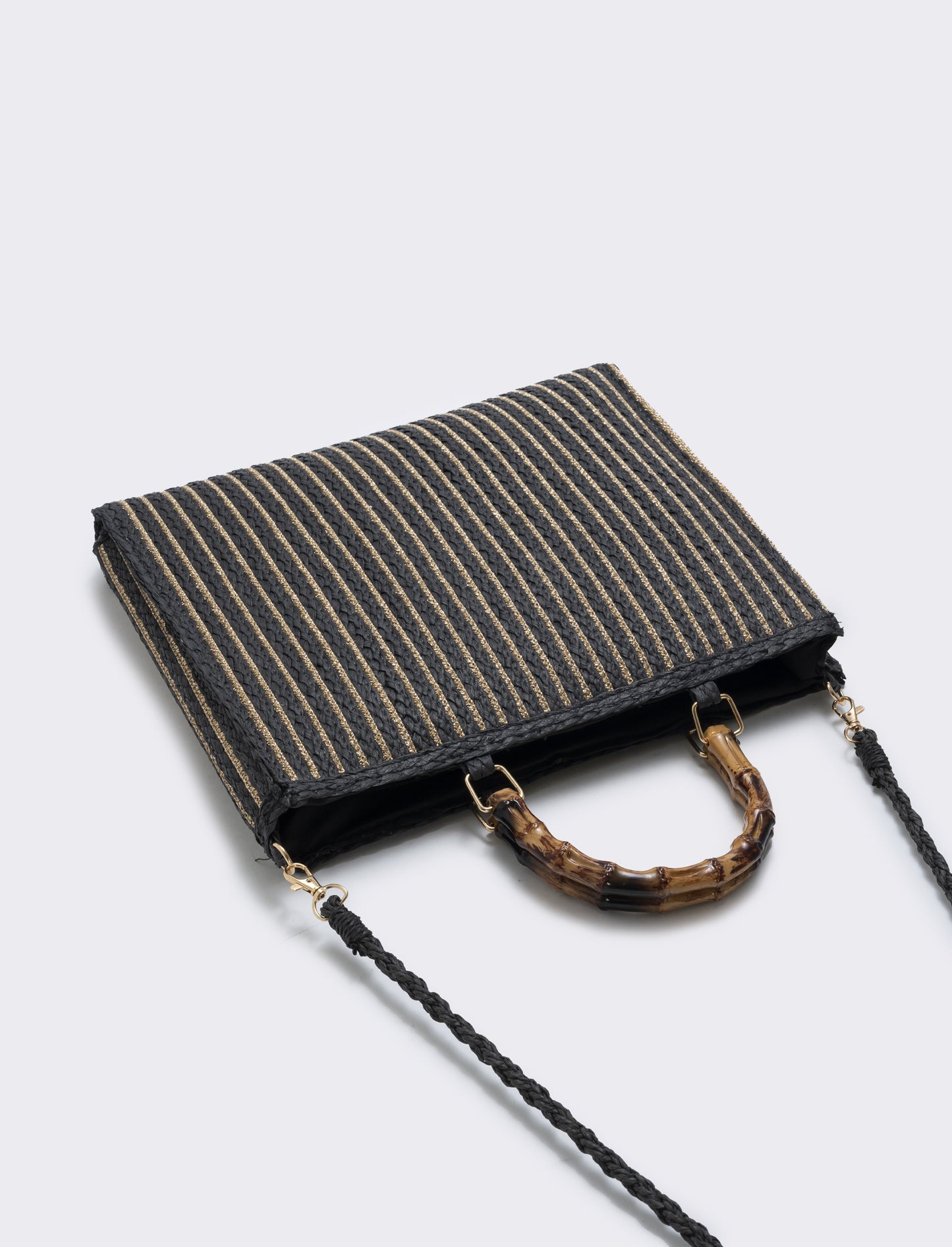Borse in paglia lurex con manico bamboo - Nero