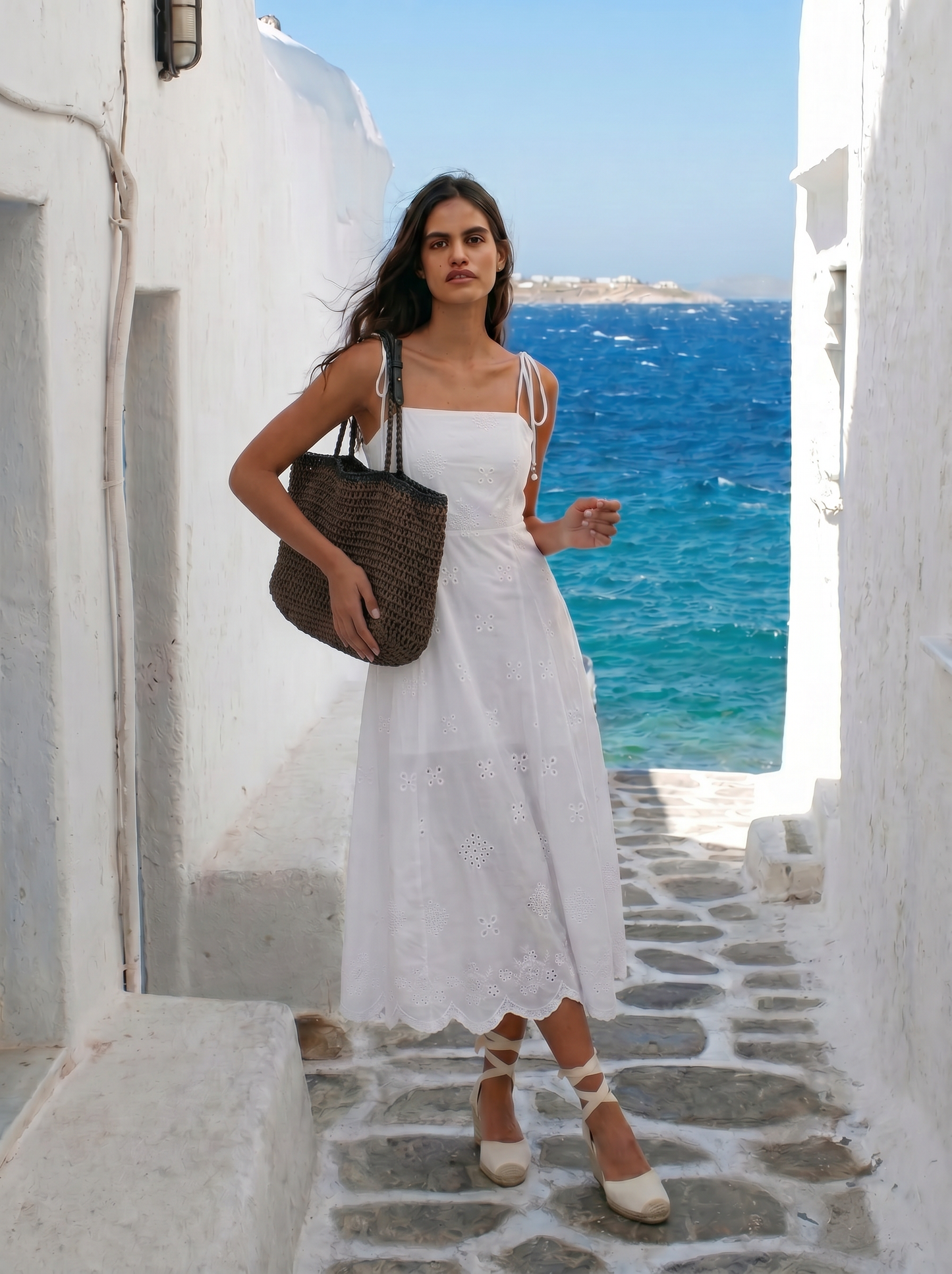 Straw bag with faux leather handle - Brown