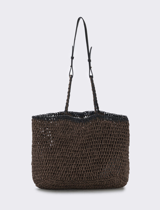 Borsa in paglia con manico in finta pelle - Moro