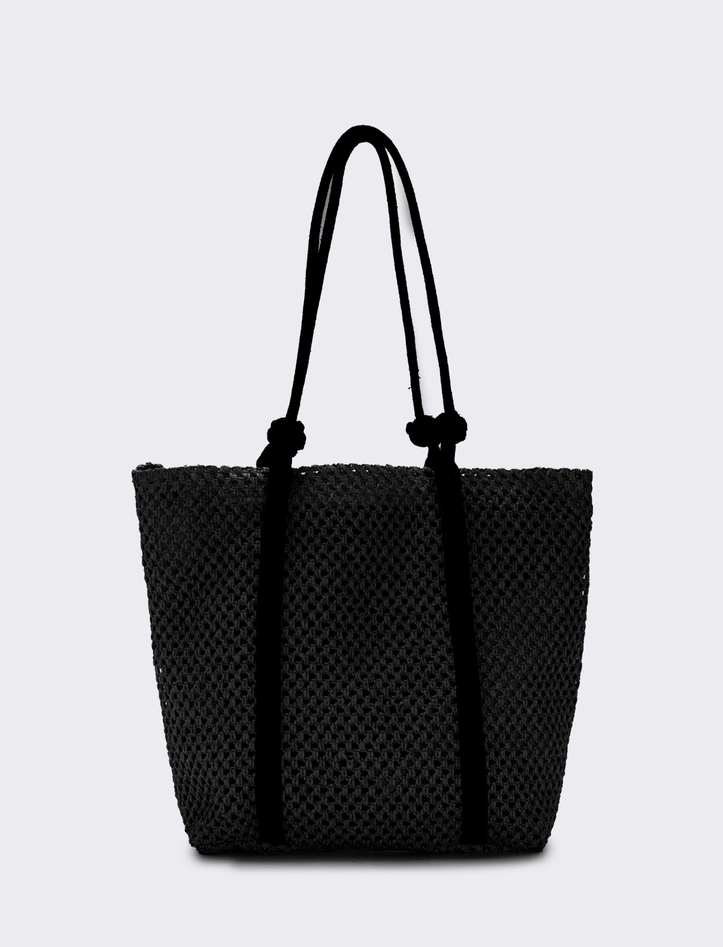 Borsa shopper in paglia con manico in corda - Nero