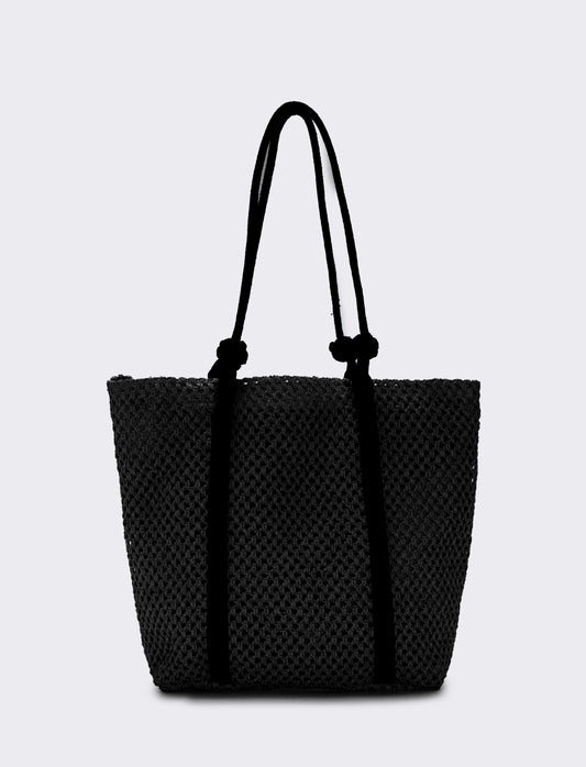 Borsa shopper in paglia con manico in corda - Nero