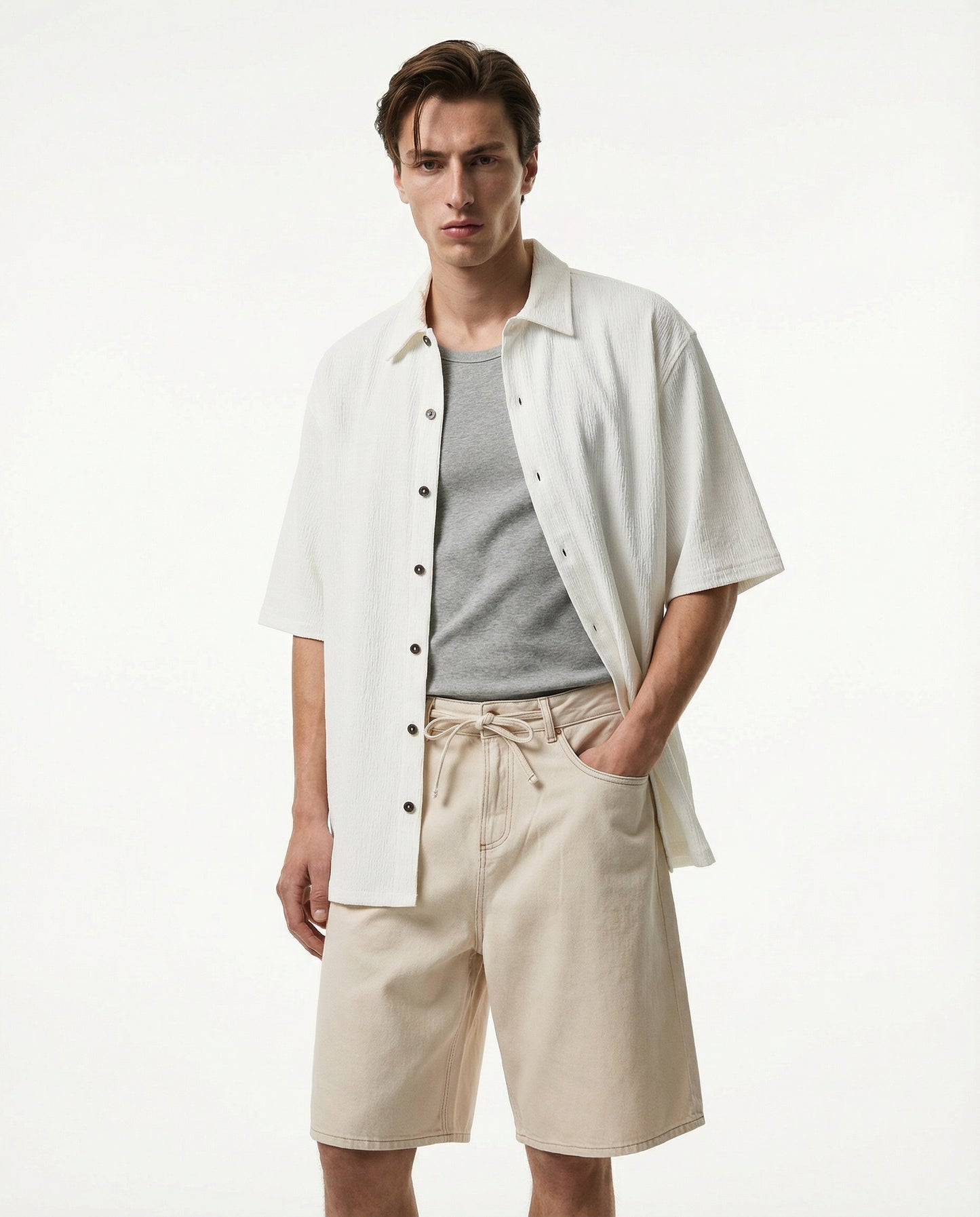 Short Sleeve Boxy Fit Jacquard Shirt - White