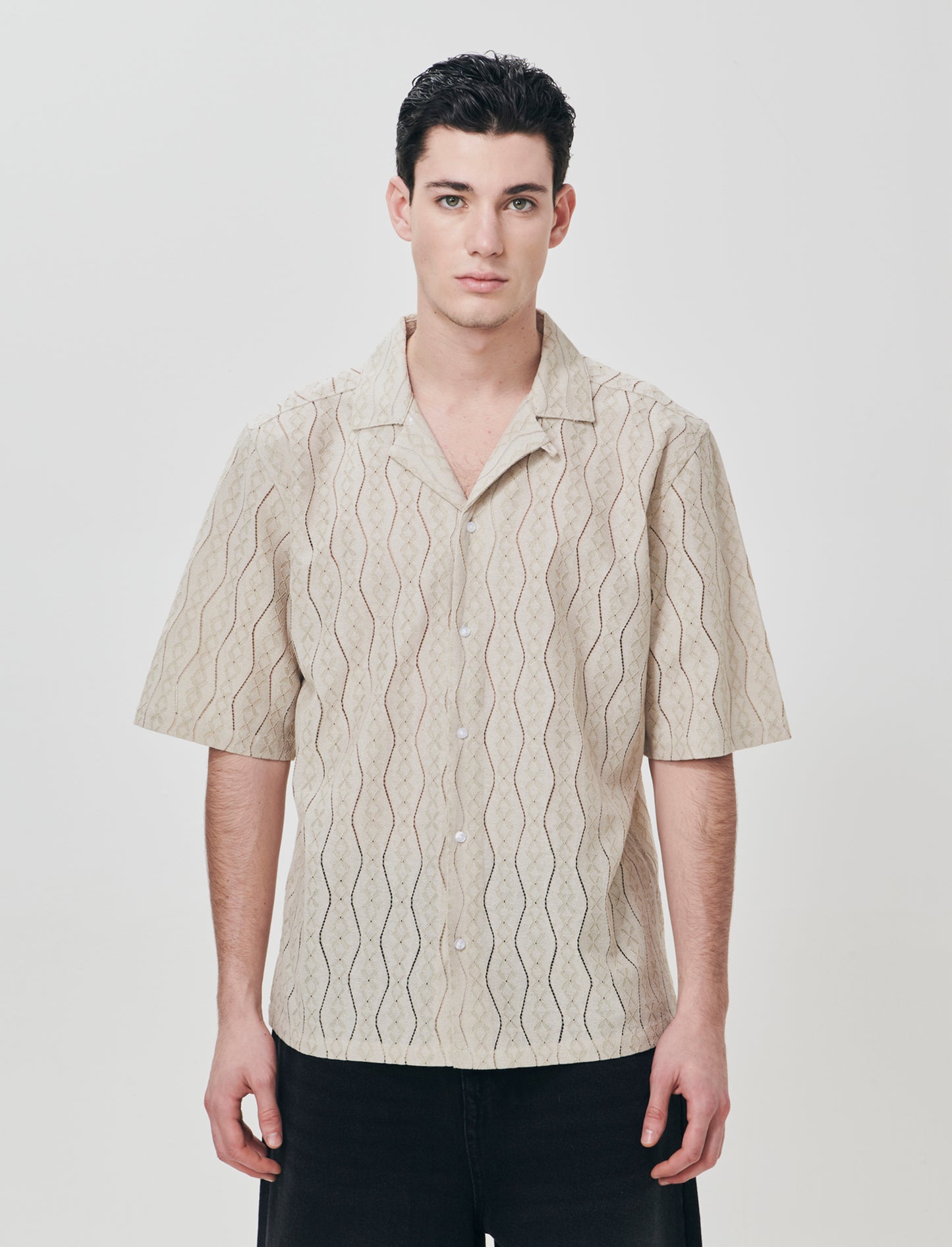Camicia boxy fit in jacquard di cotone - Beige