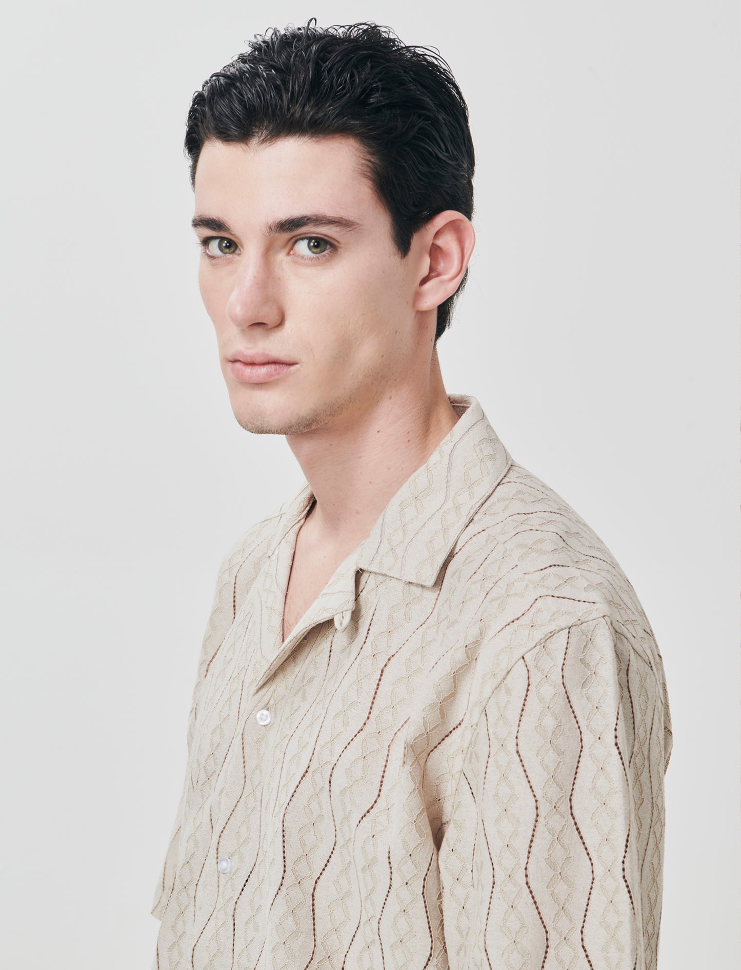 Camicia boxy fit in jacquard di cotone - Beige