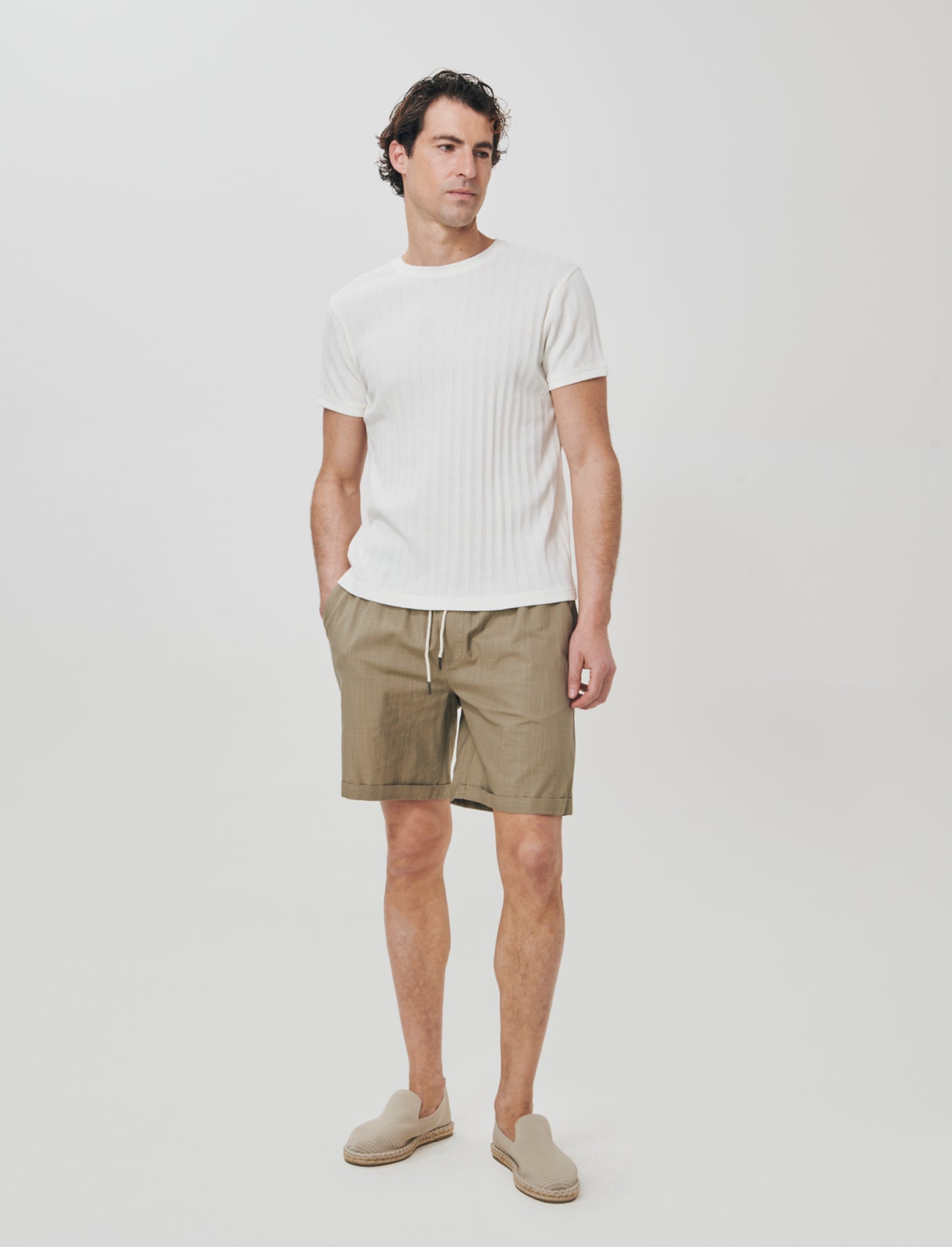 Bermuda Jogger in Cotone Slub con Tasche - Verde kaki