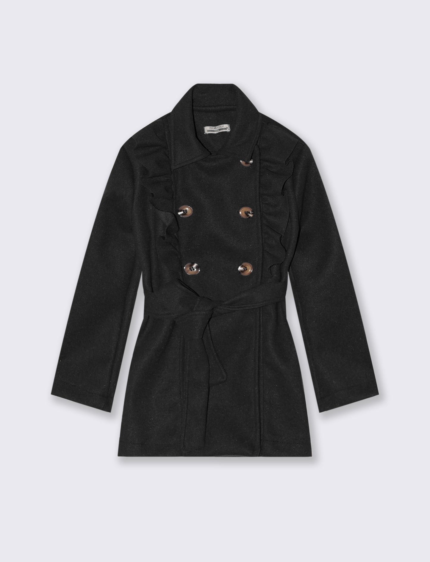 Trench da bambina con rouches laterali e doppia abbottonatura. - Nero