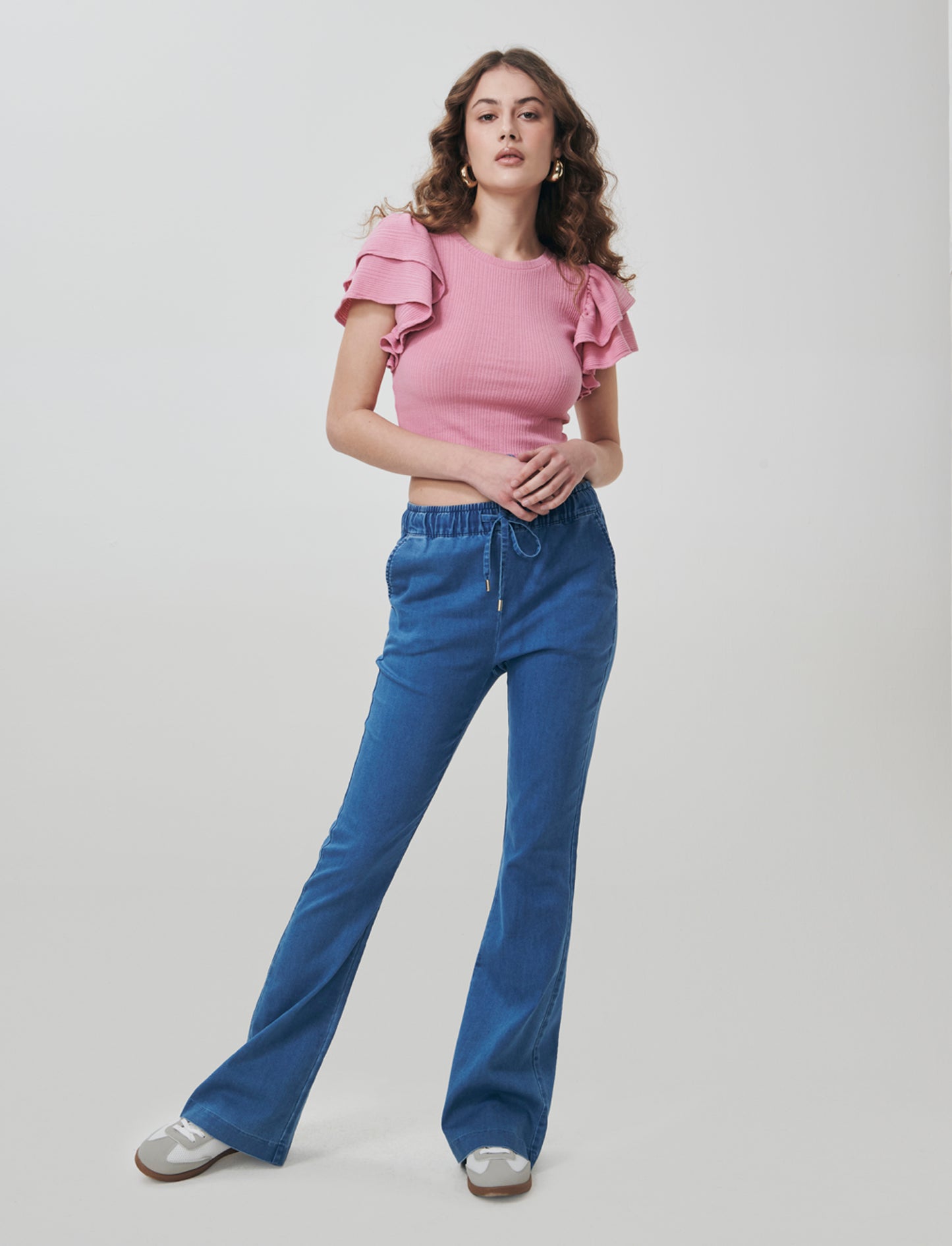 Flare Pants with Elastic Waistband - Blue