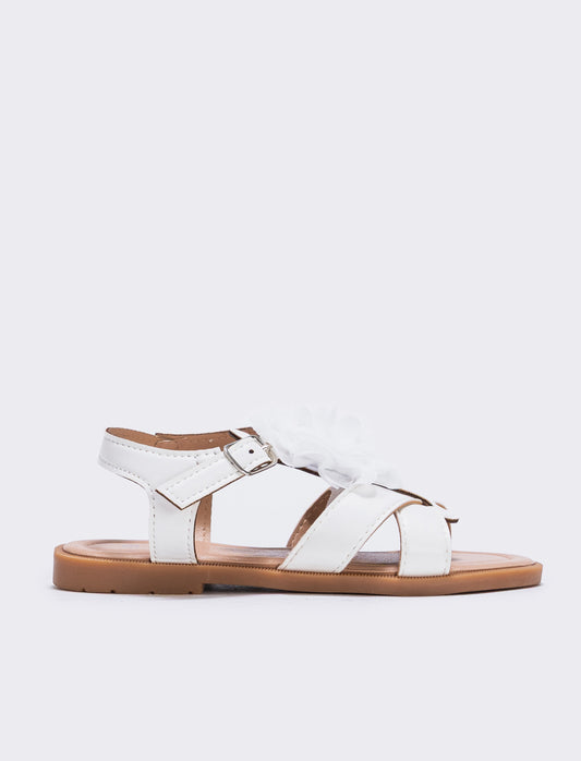 Sandalo bianco con fiore in tulle per bambina - Bianco