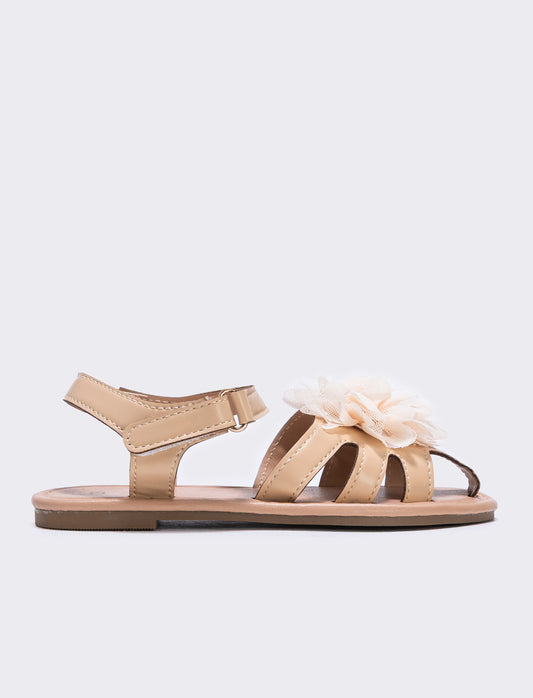 Sandalo beige con fiore in tulle da bambina - Beige