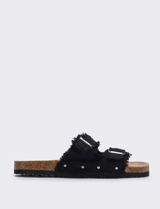 Sandalo in denim con strass e fibbia doppia - Nero