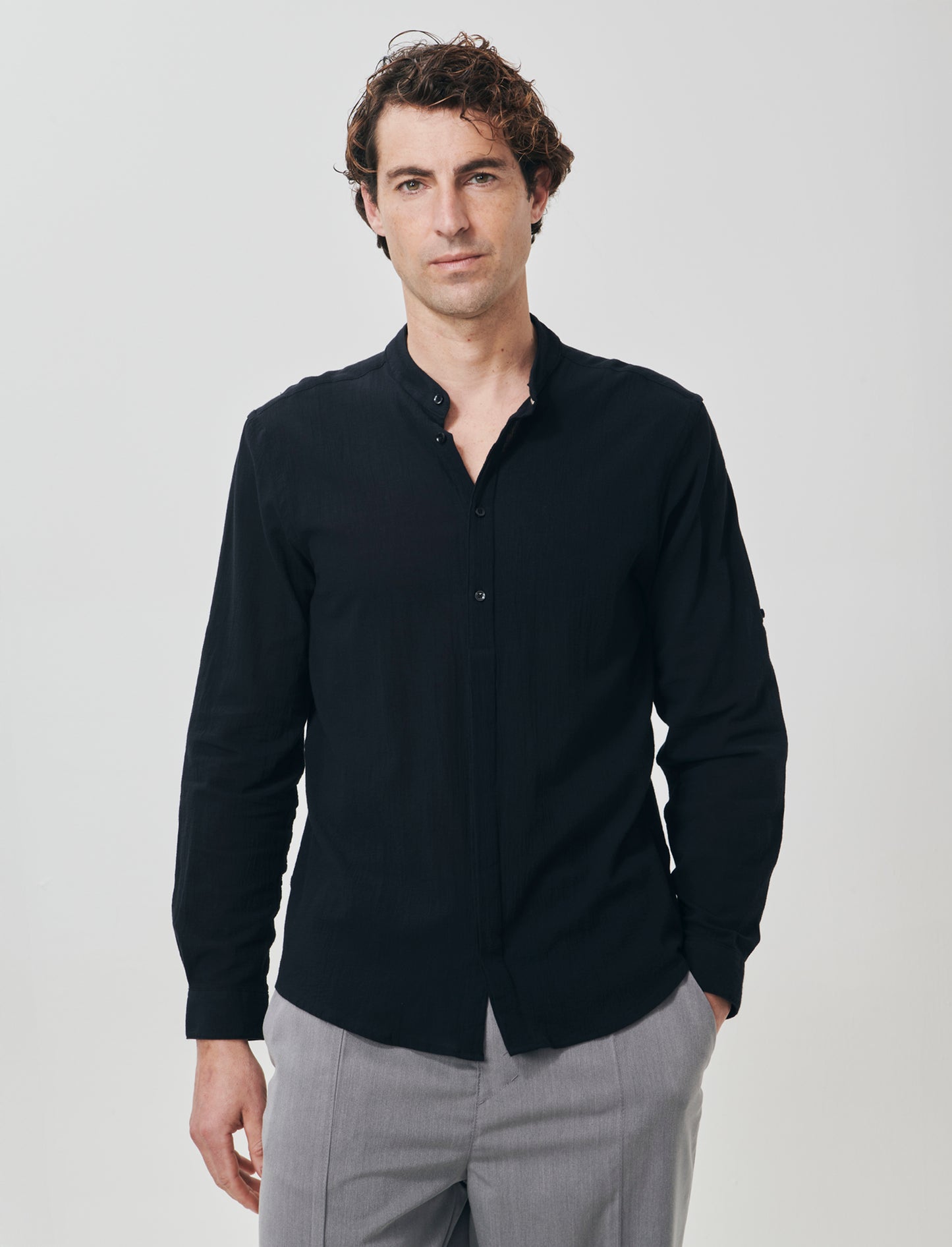 Camicia coreana effetto crepe in cotone - Nero