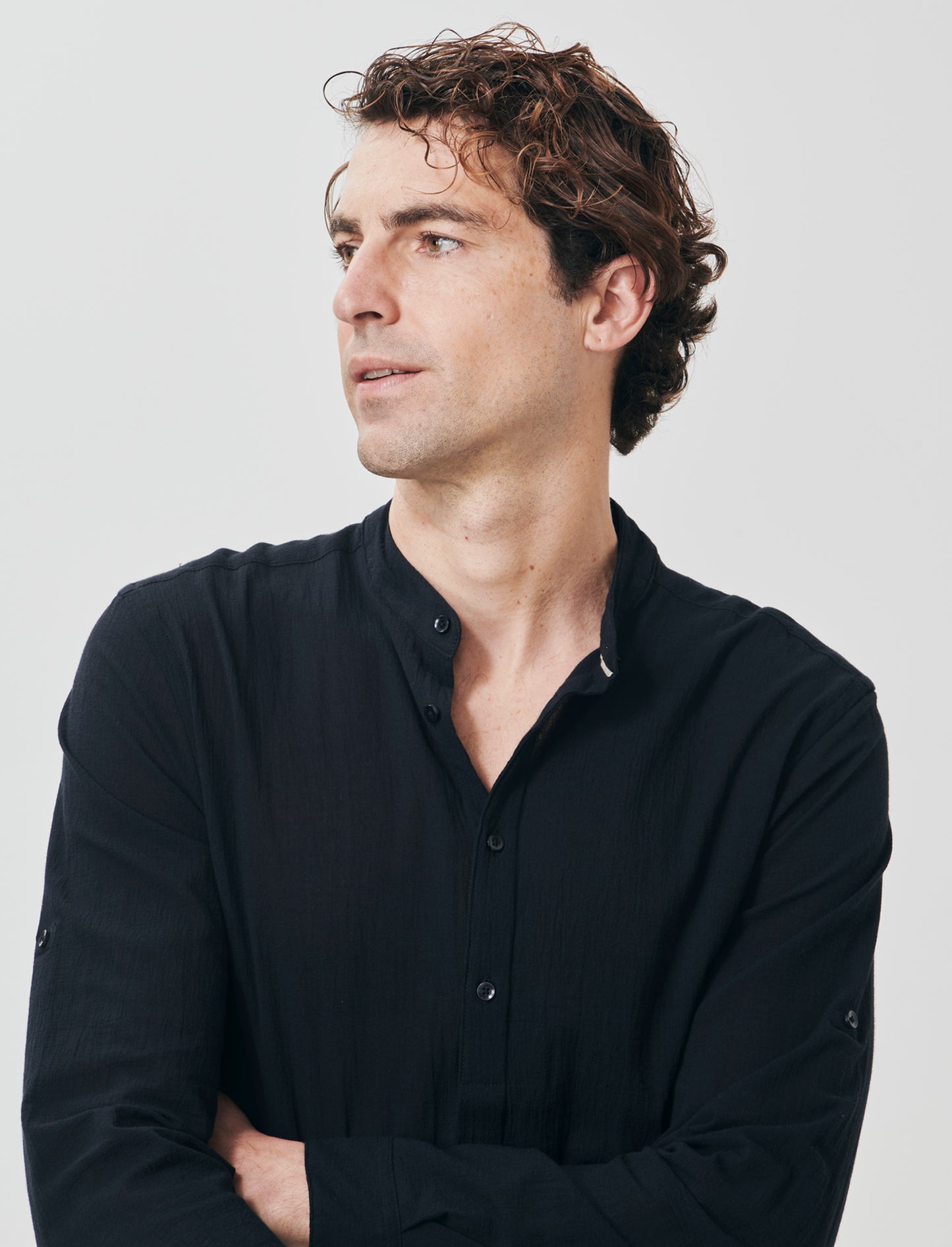 Camicia coreana effetto crepe in cotone - Nero