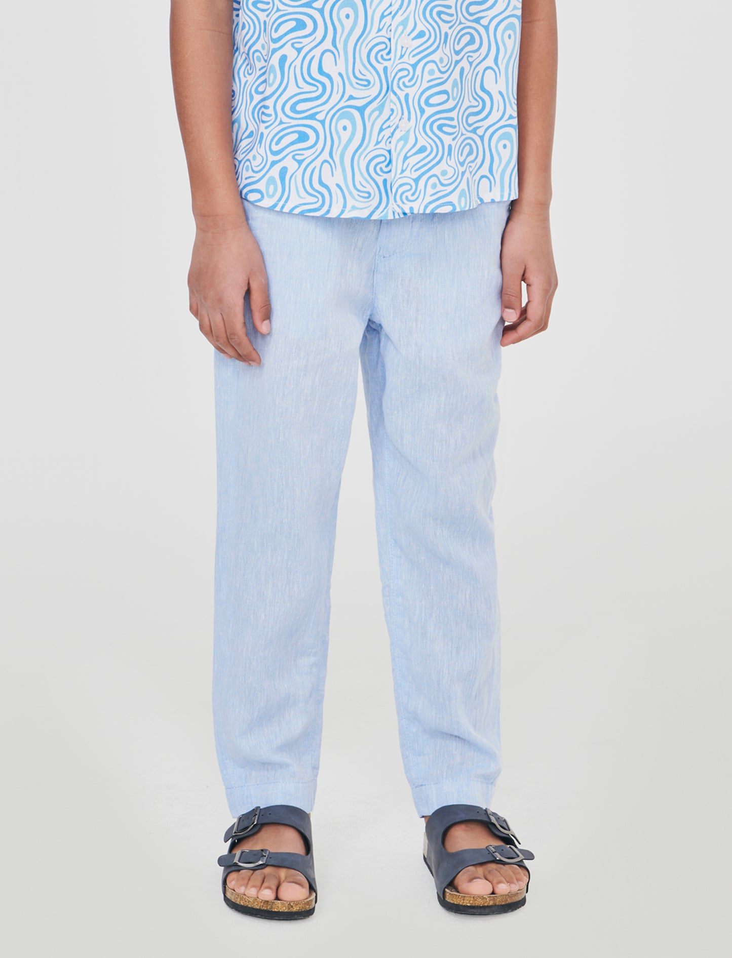 Pantaloni in lino con elastico e lacci - Celeste