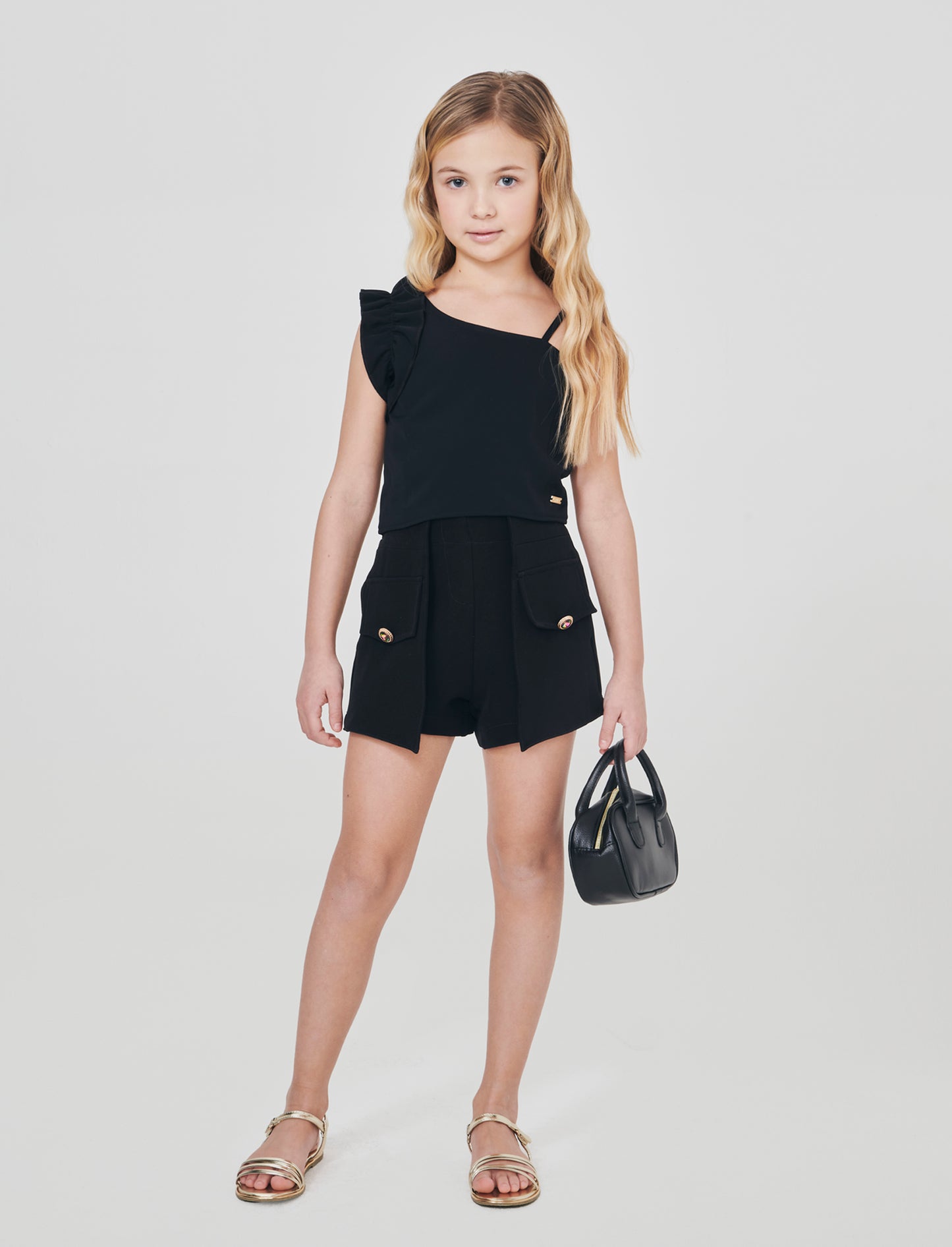 Top cropped monospalla elegante con rouches - Nero