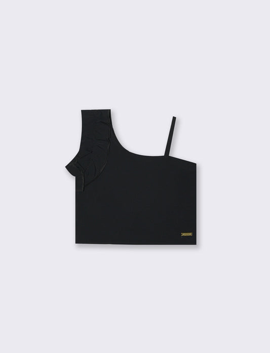 Top cropped monospalla elegante con rouches - Nero