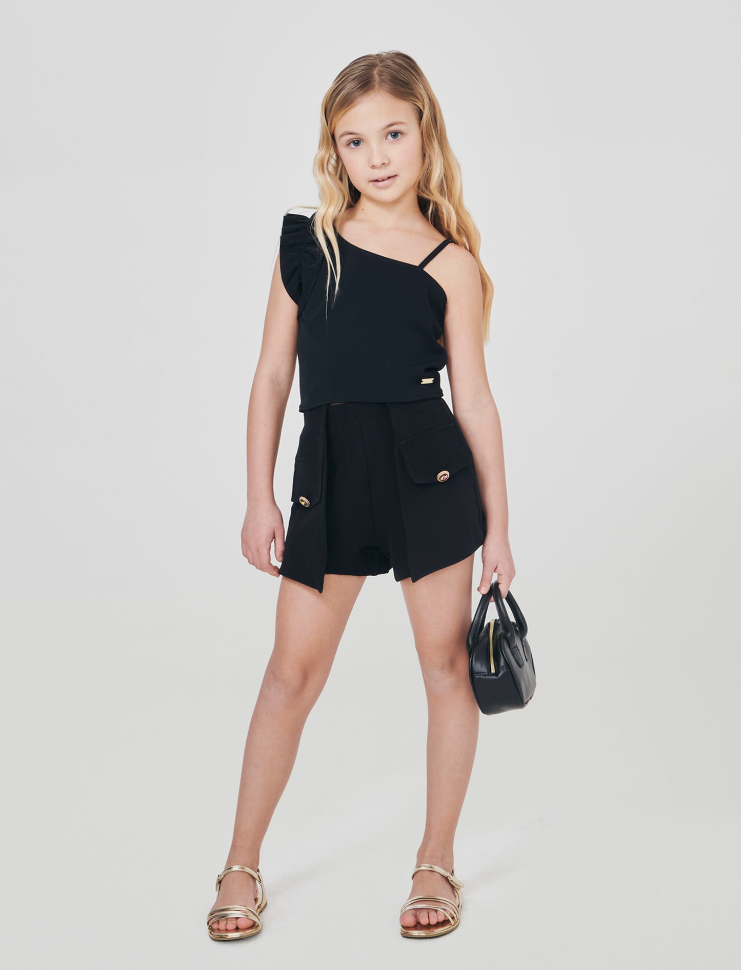 Elegant shorts with jewel buttons and panels - Black