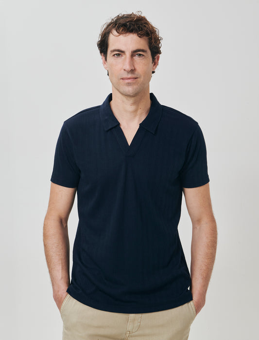 Polo a coste effetto maglia maniche corte - Blu