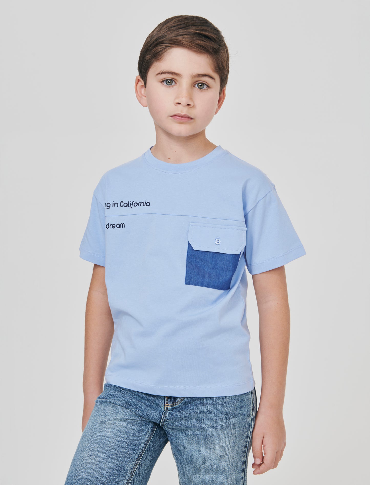 T-shirt giro collo con tasca in chambray - Azzurro