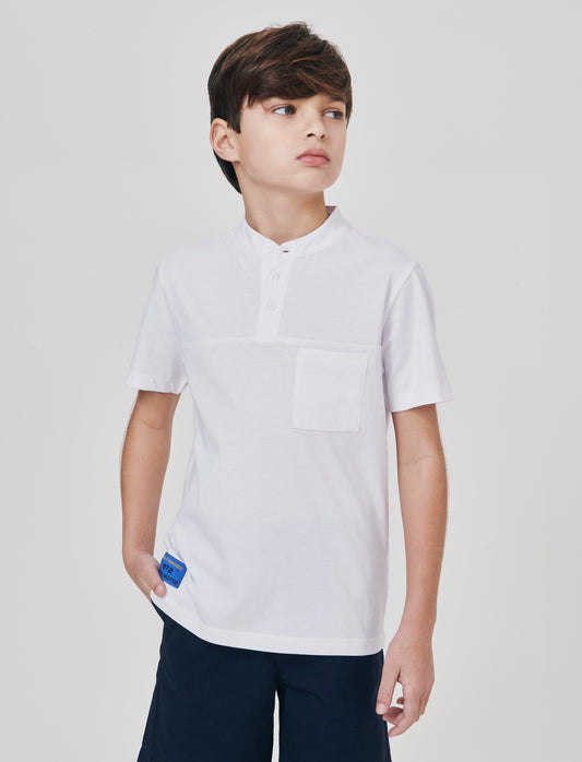 Korean collar T-shirt with elegant pocket - White