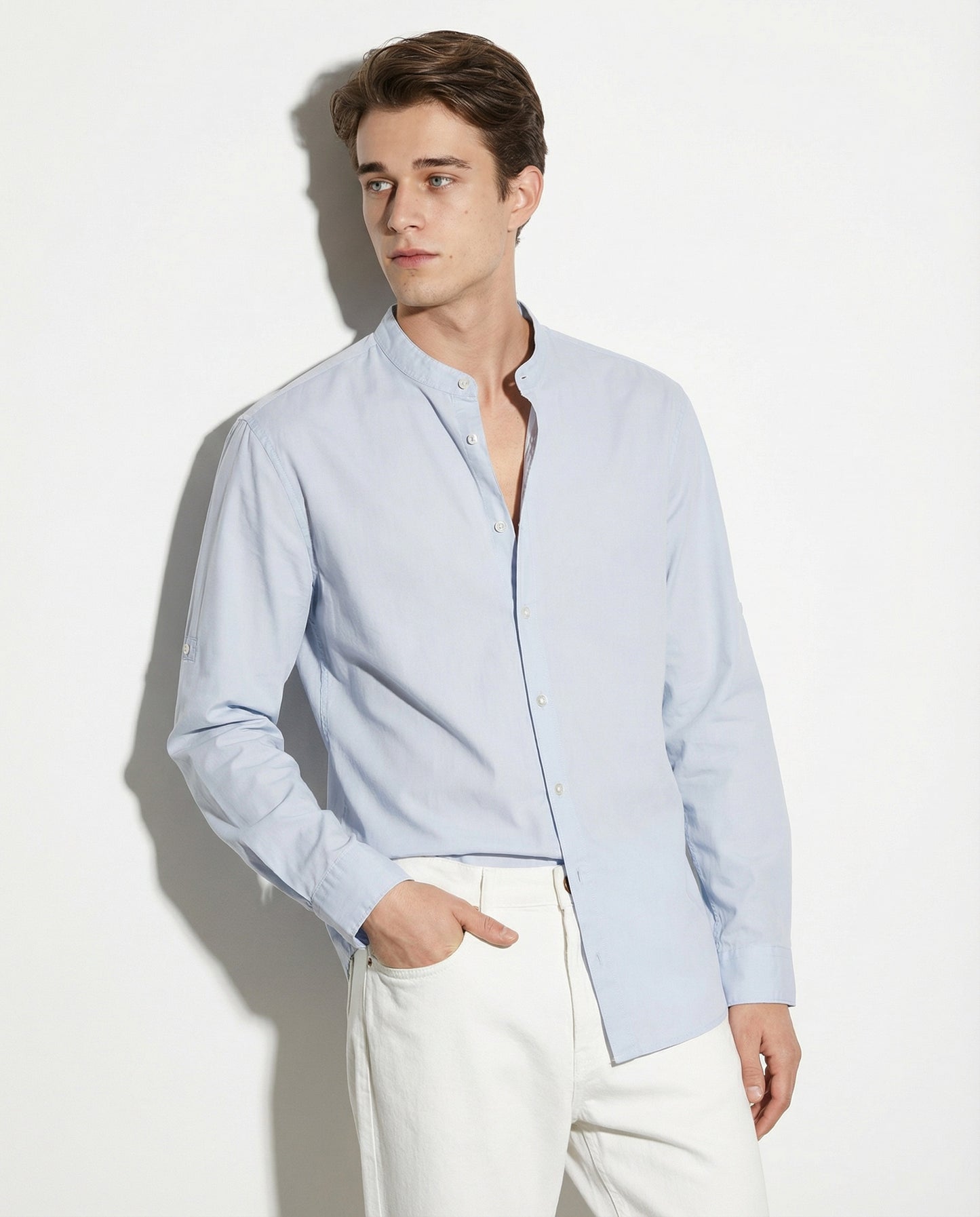 Camicia coreana in voile leggero - Celeste polvere