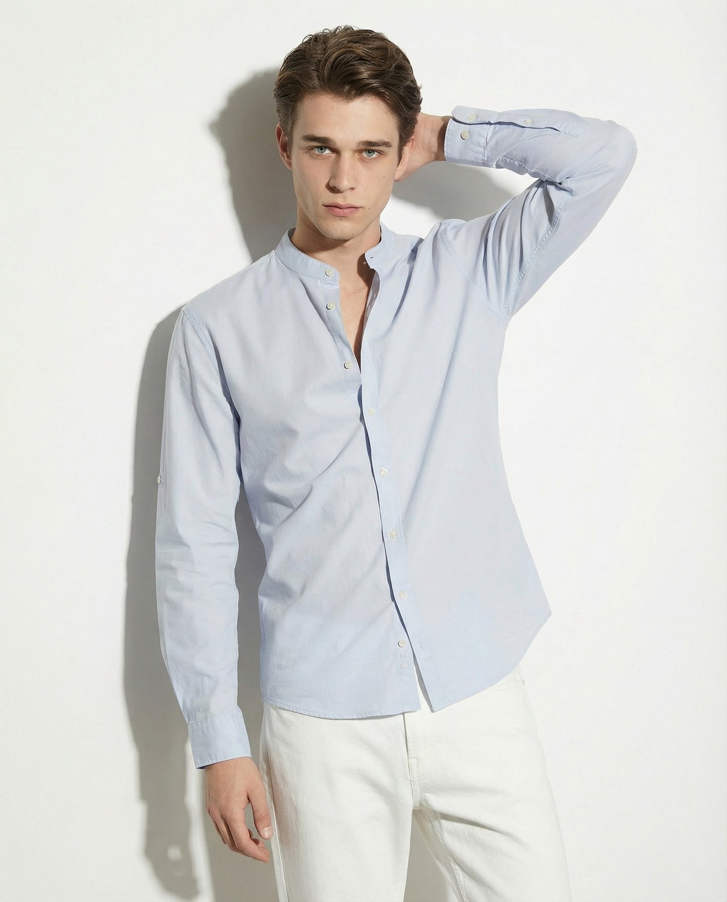 Camicia coreana in voile leggero - Celeste polvere