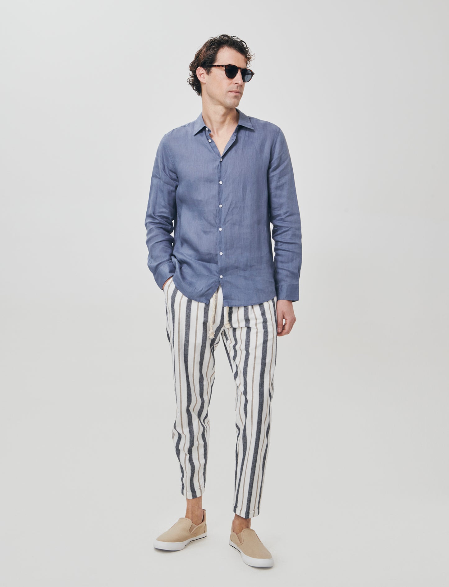 Pantaloni jogger a righe in misto lino - Blu