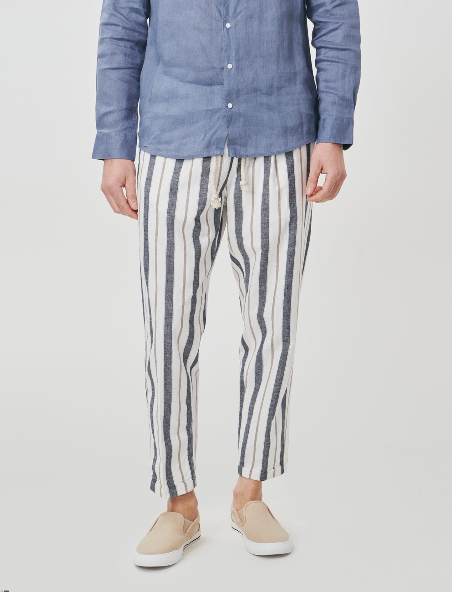 Pantaloni jogger a righe in misto lino - Blu