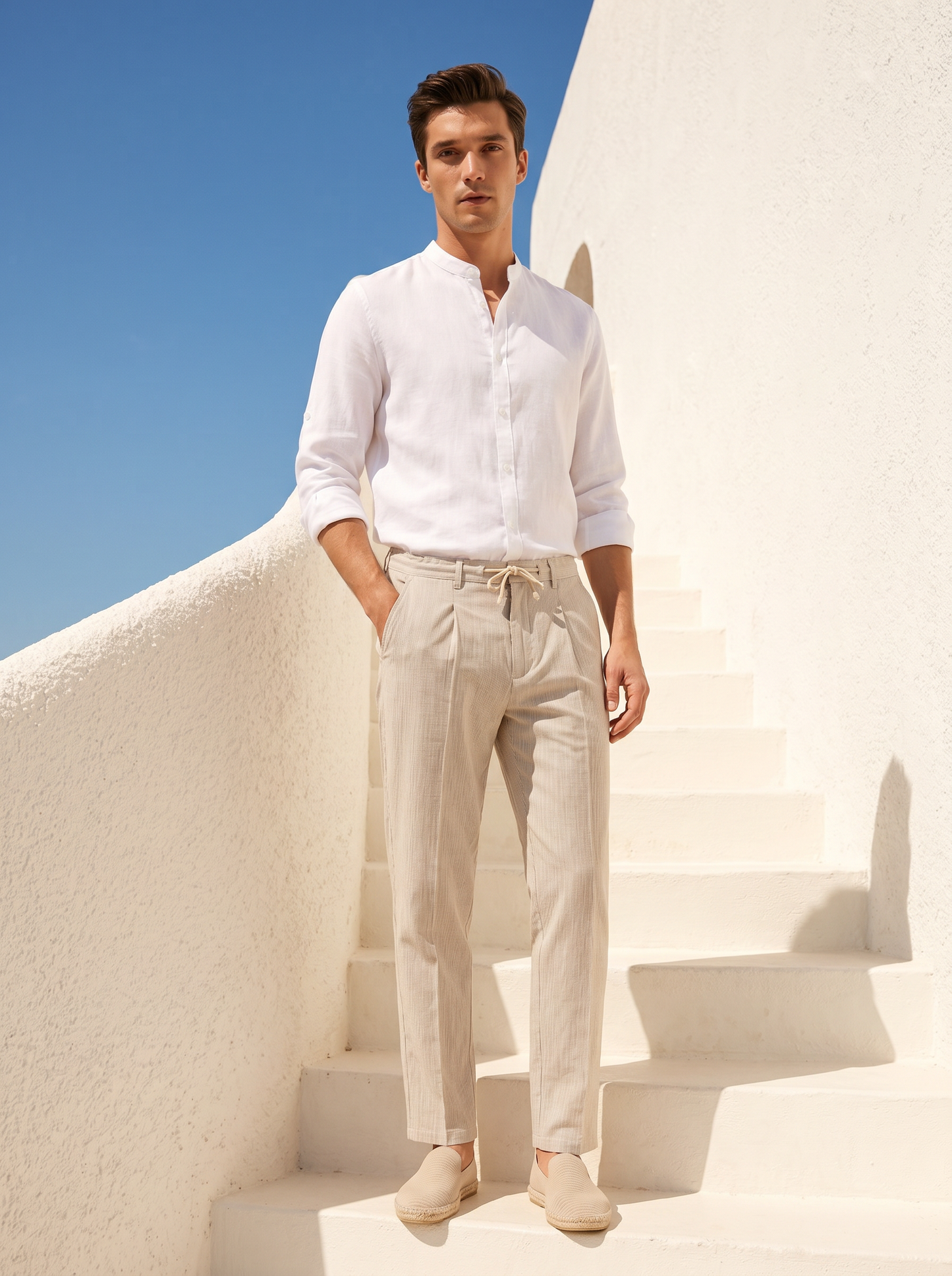 Pantaloni Chino Jogger Misto Lino Rigati - Beige