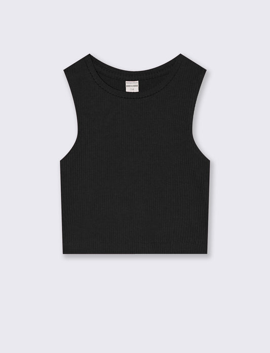 Top cropped in tessuto elastico girocollo - Nero