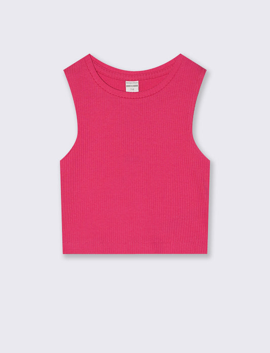 Top cropped in tessuto elastico girocollo - Fuxia