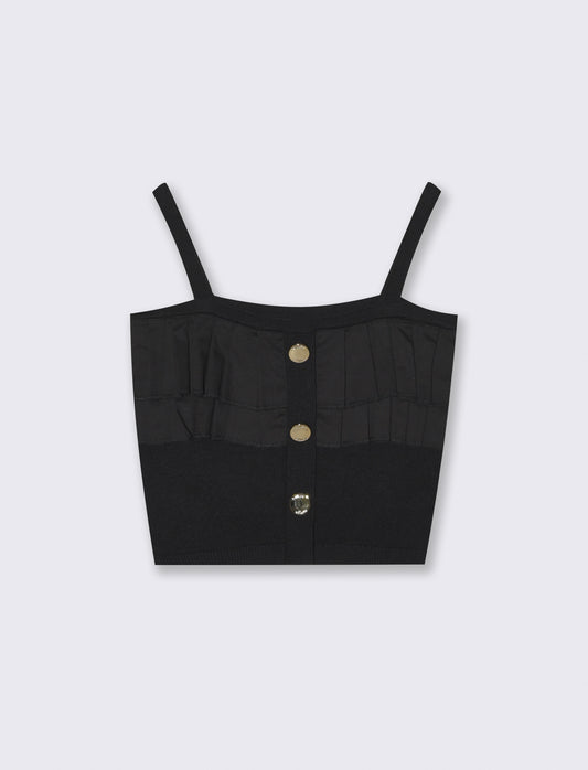 Top elegante in maglia con balze e bottoni - Nero