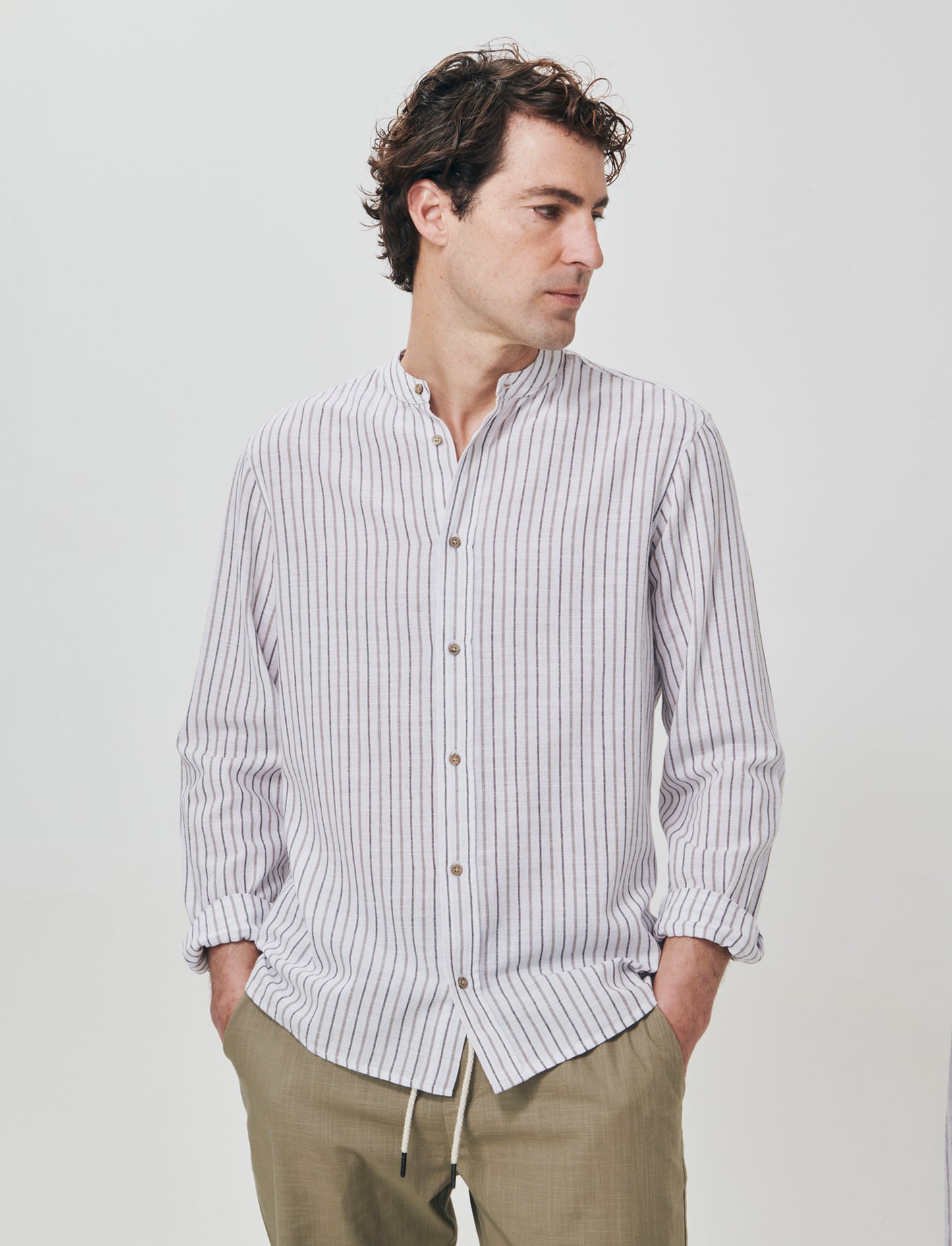 Camicia a righe in effetto lino - Bianco