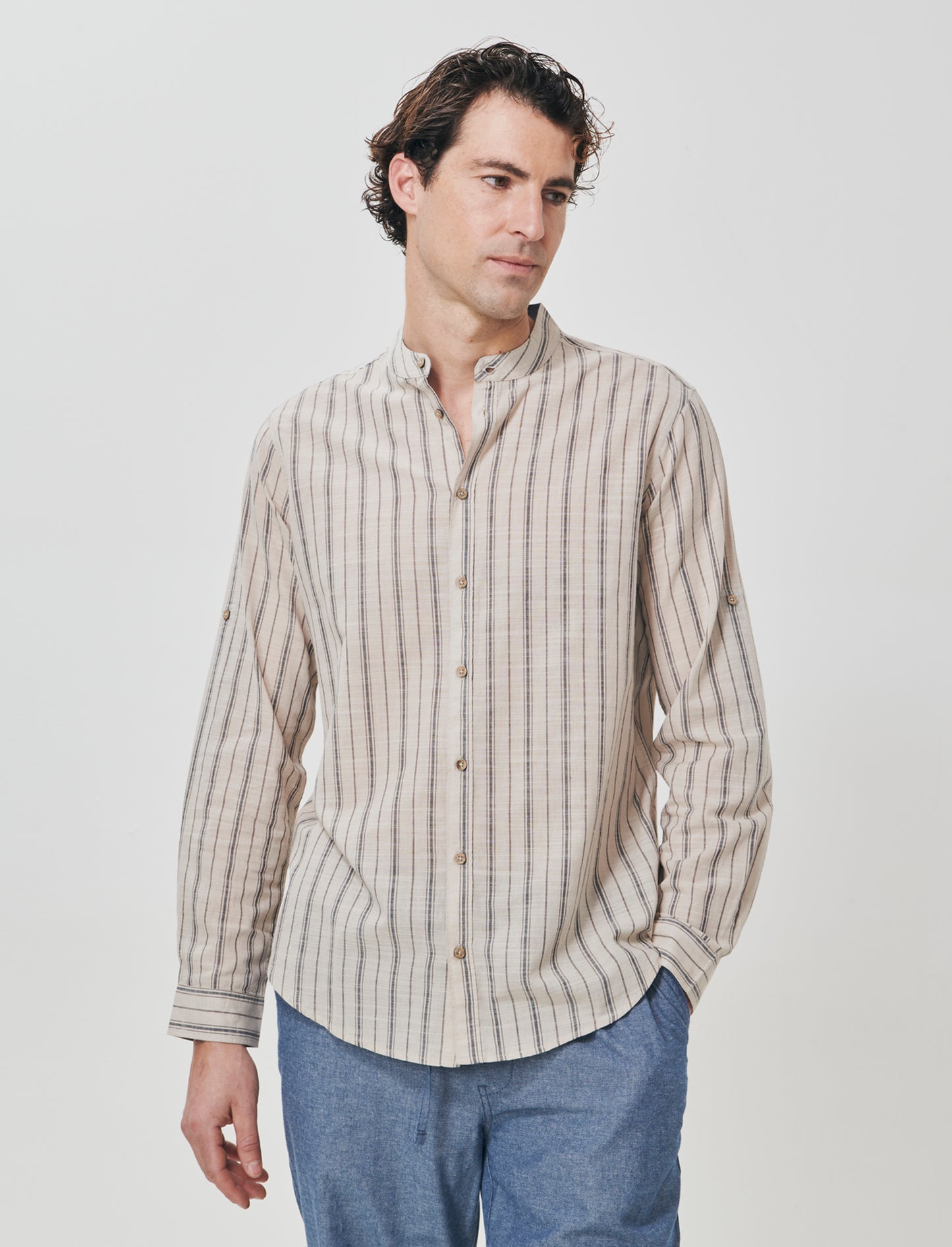 Camicia coreana a righe con denim - Sabbia