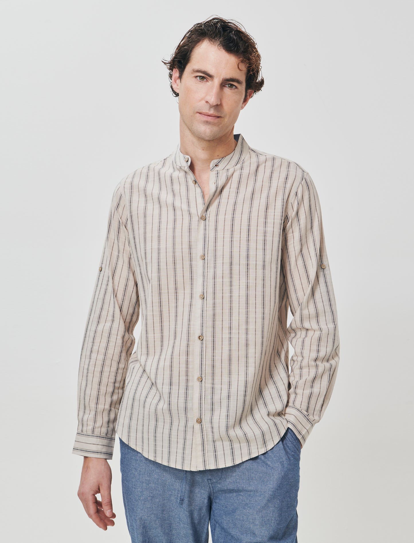 Camicia coreana a righe con denim - Sabbia