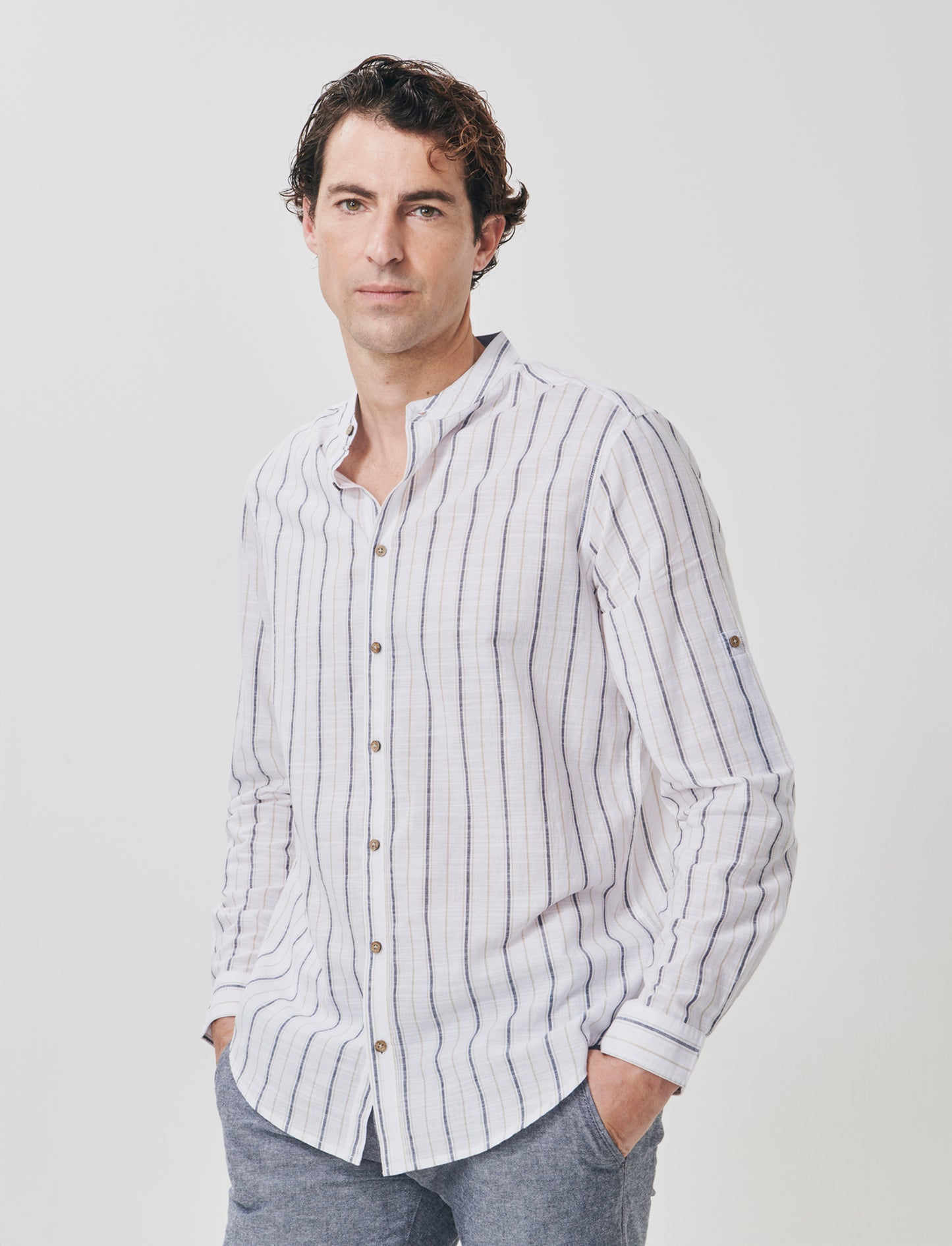 Camicia coreana a righe con denim - Bianco