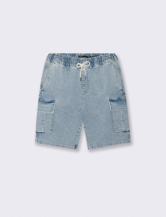 Bermuda Cargo Denim Slavato con Tasche - Denim