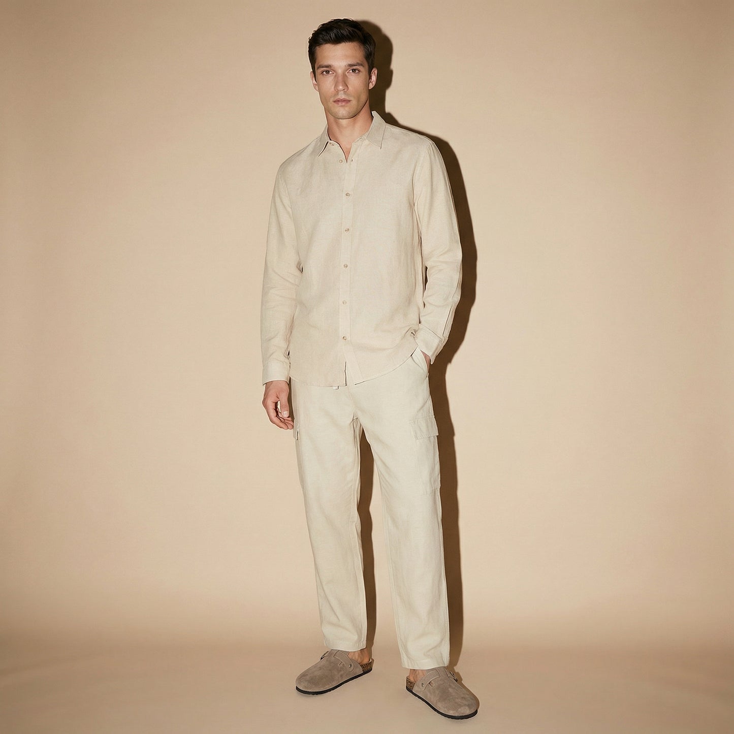 Pantaloni Chino Jogger Cargo Misto Lino - Beige ecru