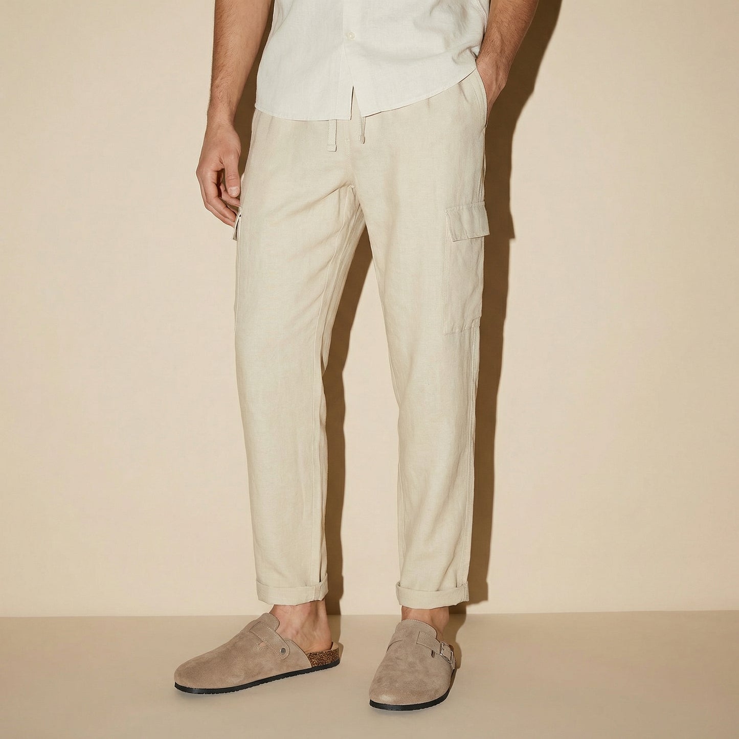 Pantaloni Chino Jogger Cargo Misto Lino - Beige ecru