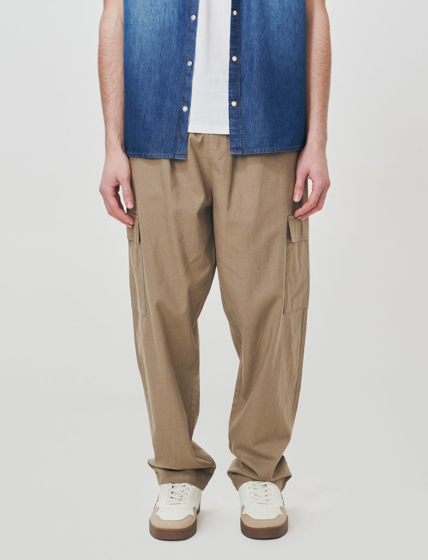 Pantaloni Chino Jogger Cargo Misto Lino - Verde kaki