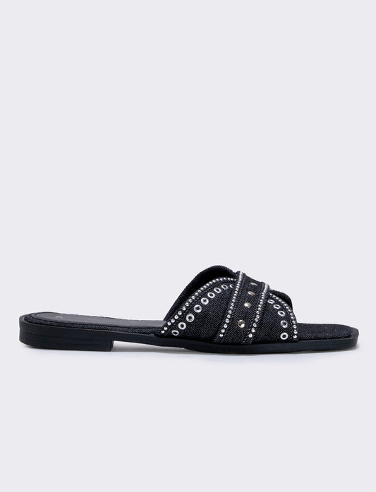 Mule in denim nero con borchie - Nero